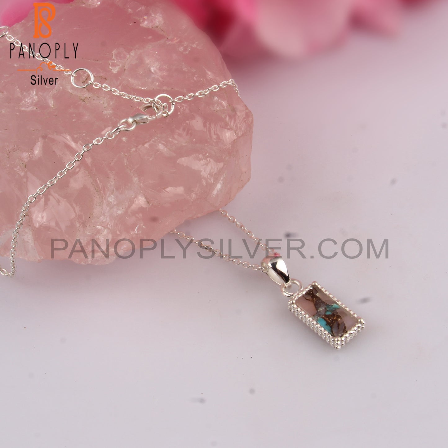 Mojave Copper Pink Opal Turquoise Baguette Silver Pendant