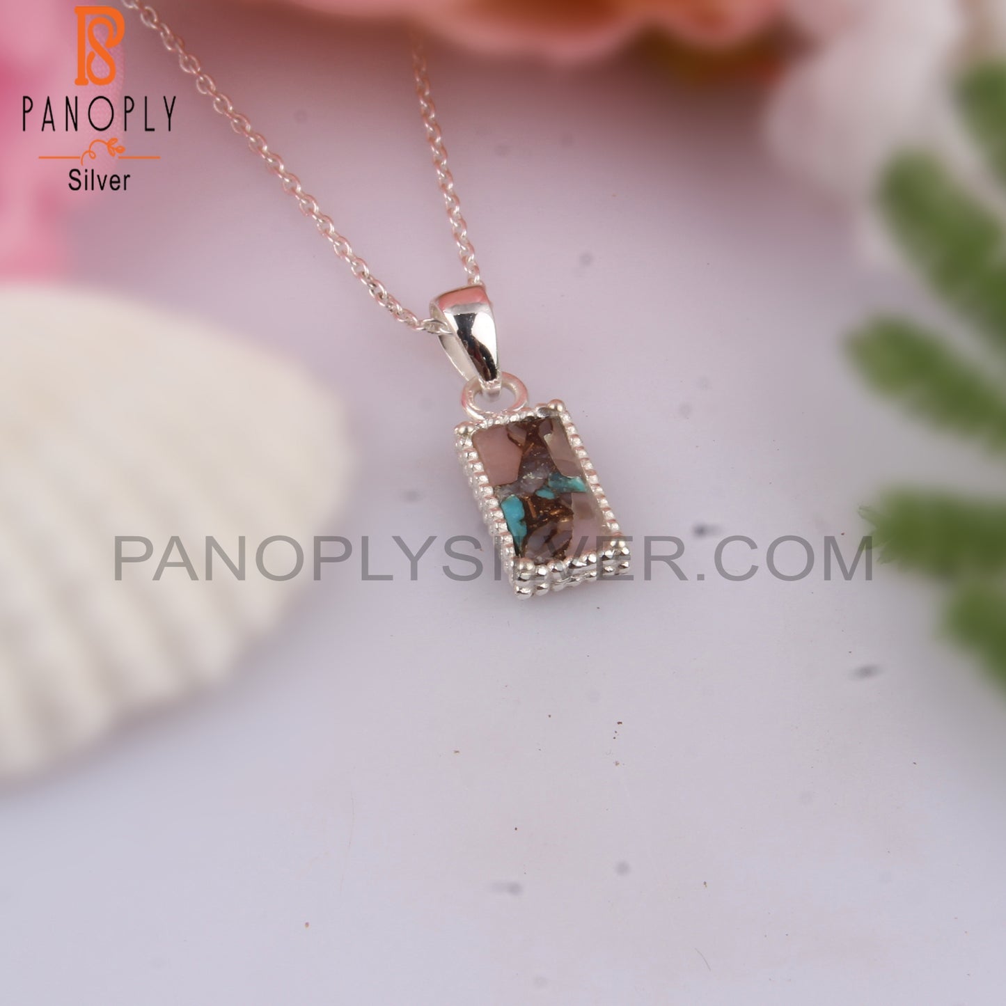 Mojave Copper Pink Opal Turquoise Baguette Silver Pendant