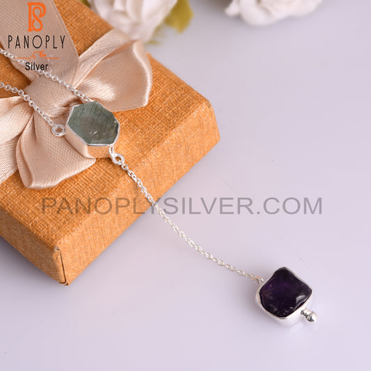 Aquamarine & Amethyst Rough 925 Silver Pendant with Chain