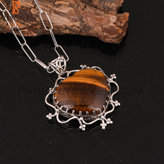 Tiger Eye Yellow Heart 925 Sterling Silver Pendant