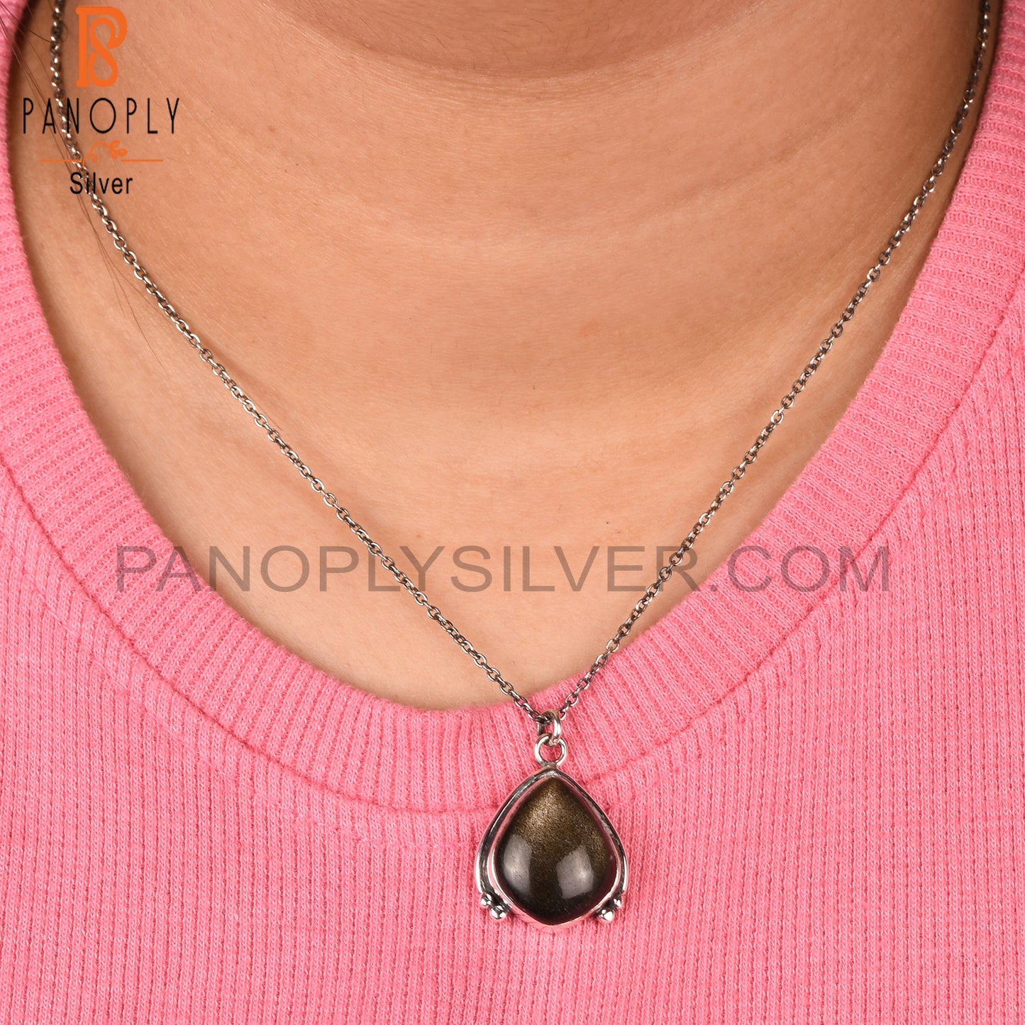 Gold Sheen Obsidian 925 Sterling Silver Pendant Necklace