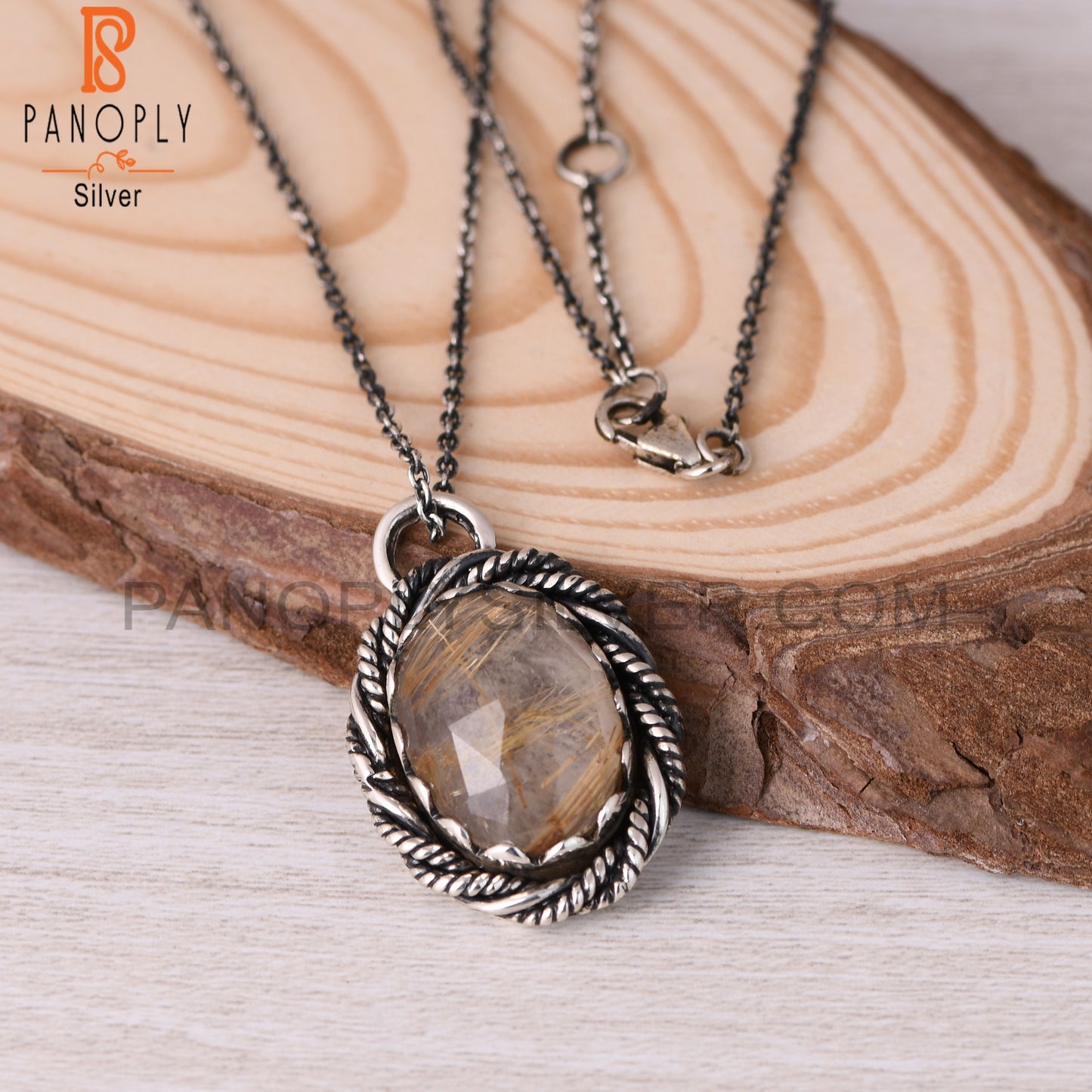 Golden Rutile Oval Shape 925 Sterling Silver Pendant Necklace