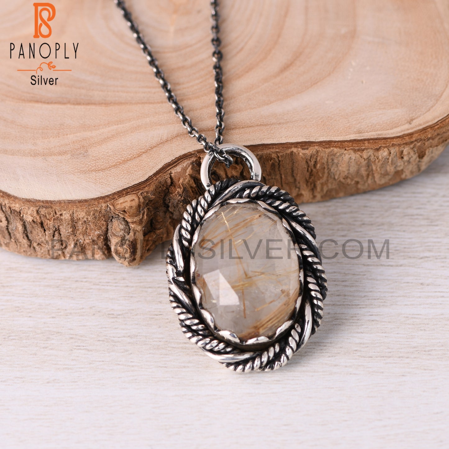 Golden Rutile Oval Shape 925 Sterling Silver Pendant Necklace