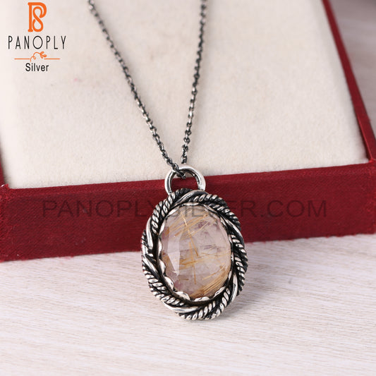 Golden Rutile Oval Shape 925 Sterling Silver Pendant Necklace