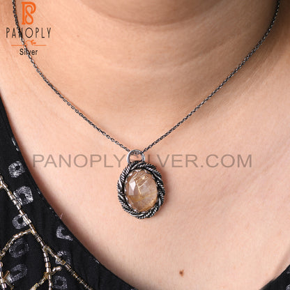 Golden Rutile Oval Shape 925 Sterling Silver Pendant Necklace