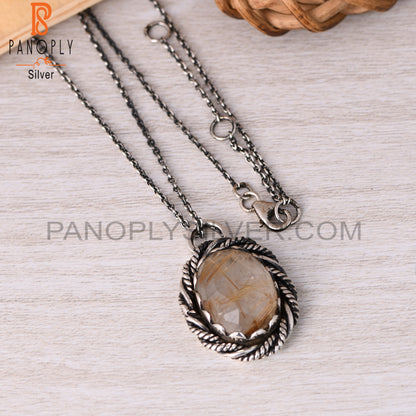 Golden Rutile Oval Shape 925 Sterling Silver Pendant Necklace