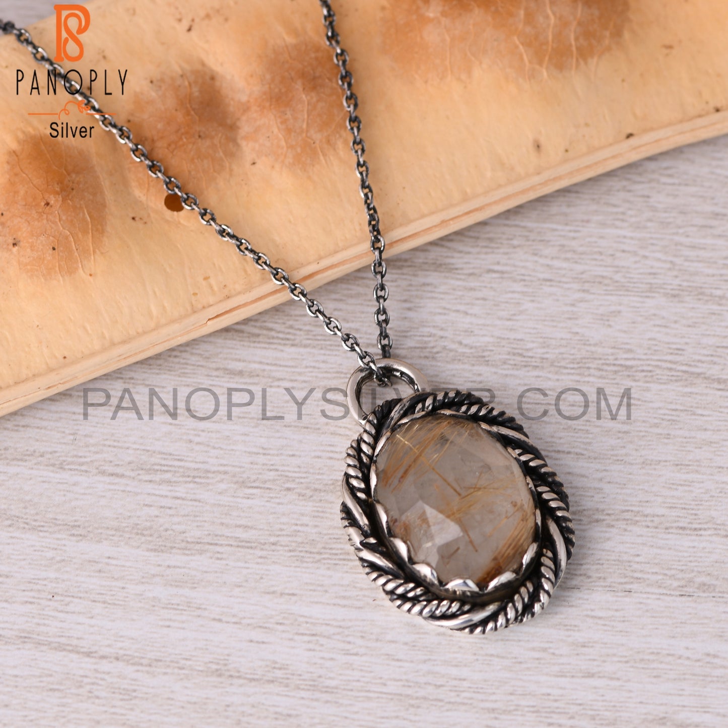 Golden Rutile Oval Shape 925 Sterling Silver Pendant Necklace