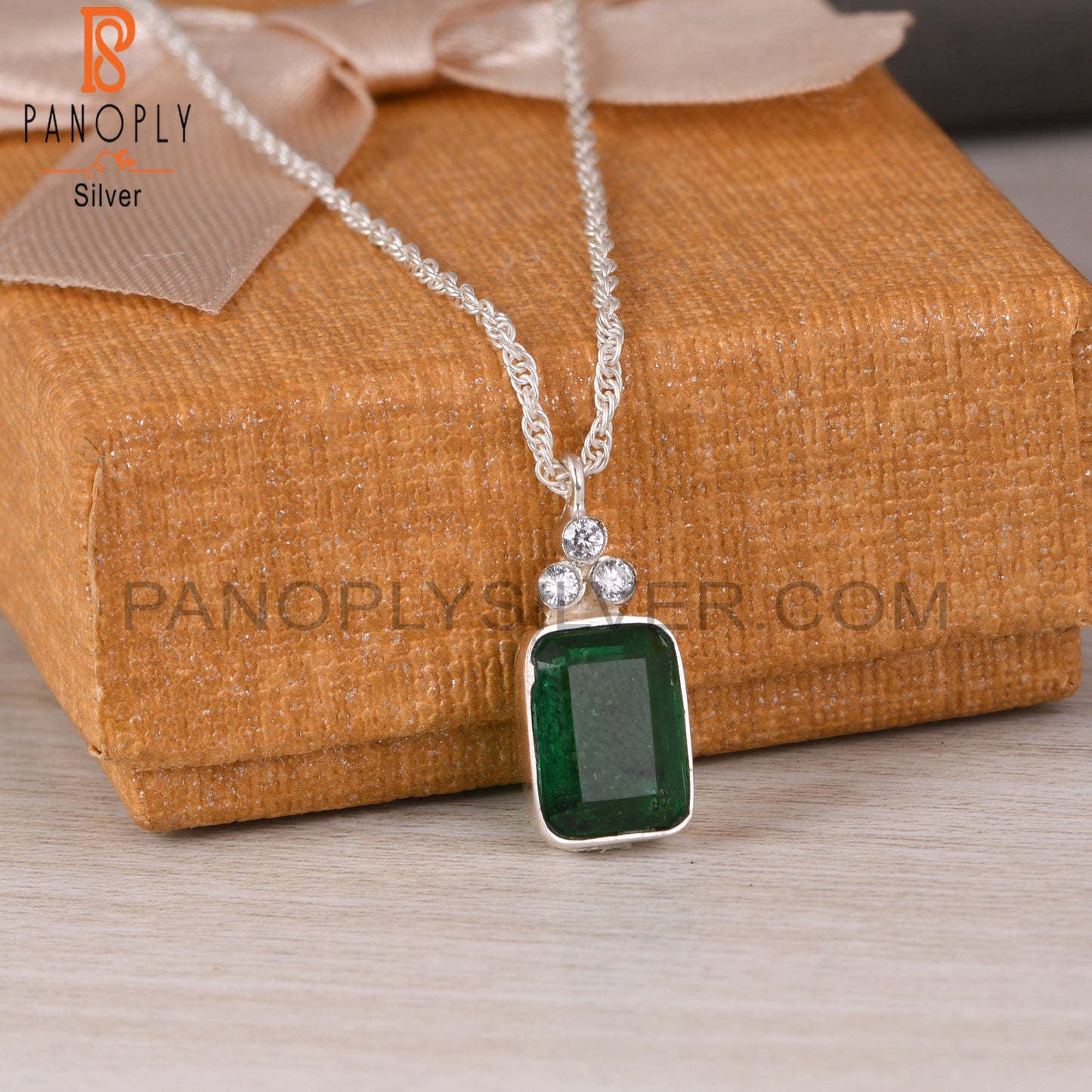Zambian Emerald & Cubic Zirconia 925 Sterling Silver Pendant