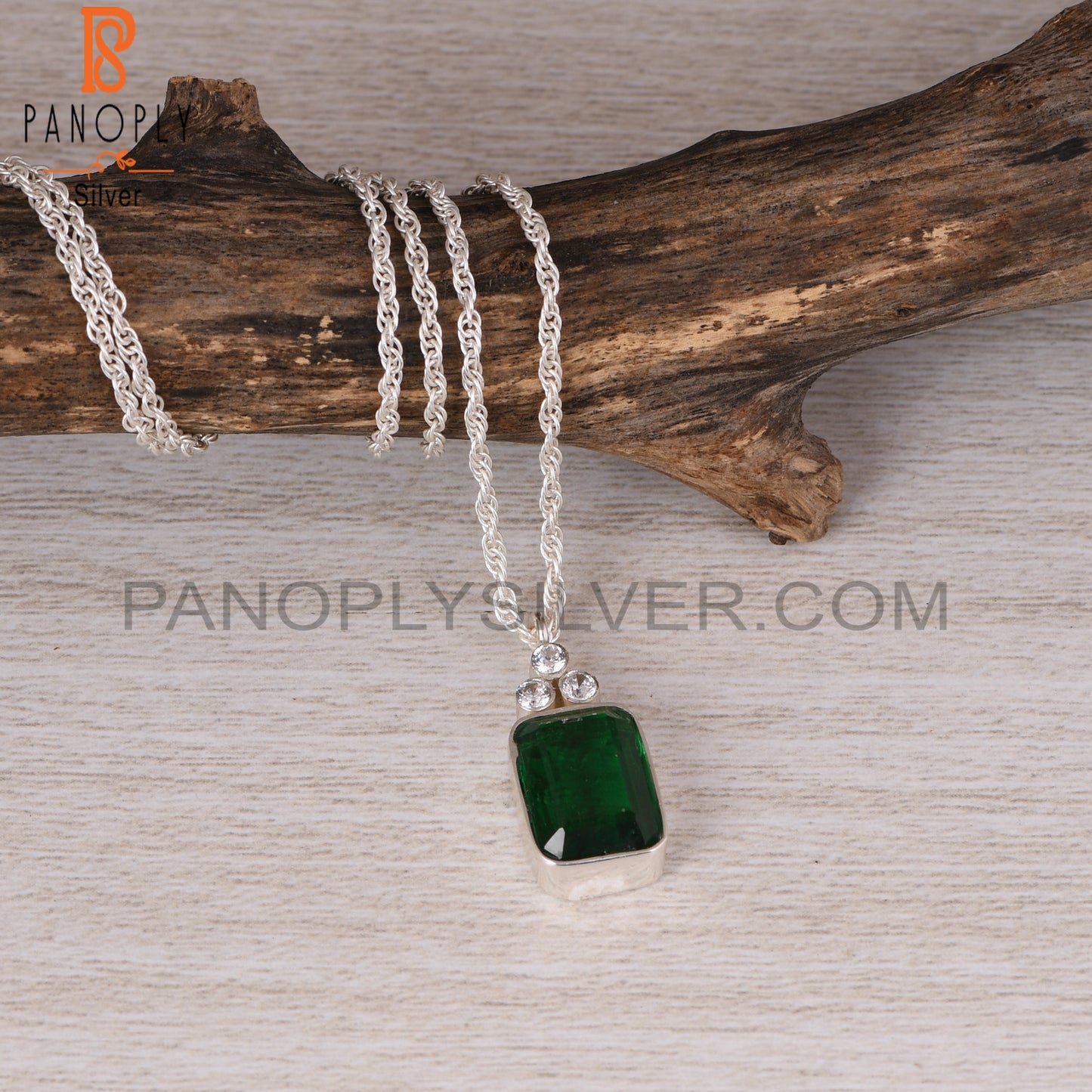 Zambian Emerald & Cubic Zirconia 925 Sterling Silver Pendant