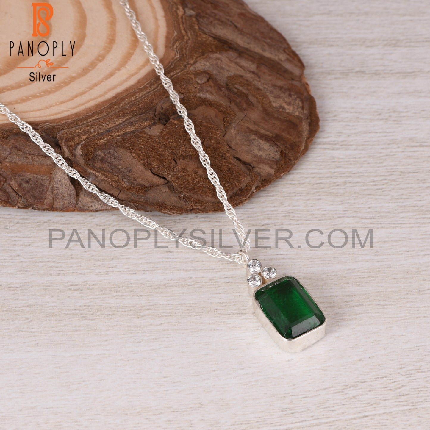 Zambian Emerald & Cubic Zirconia 925 Sterling Silver Pendant