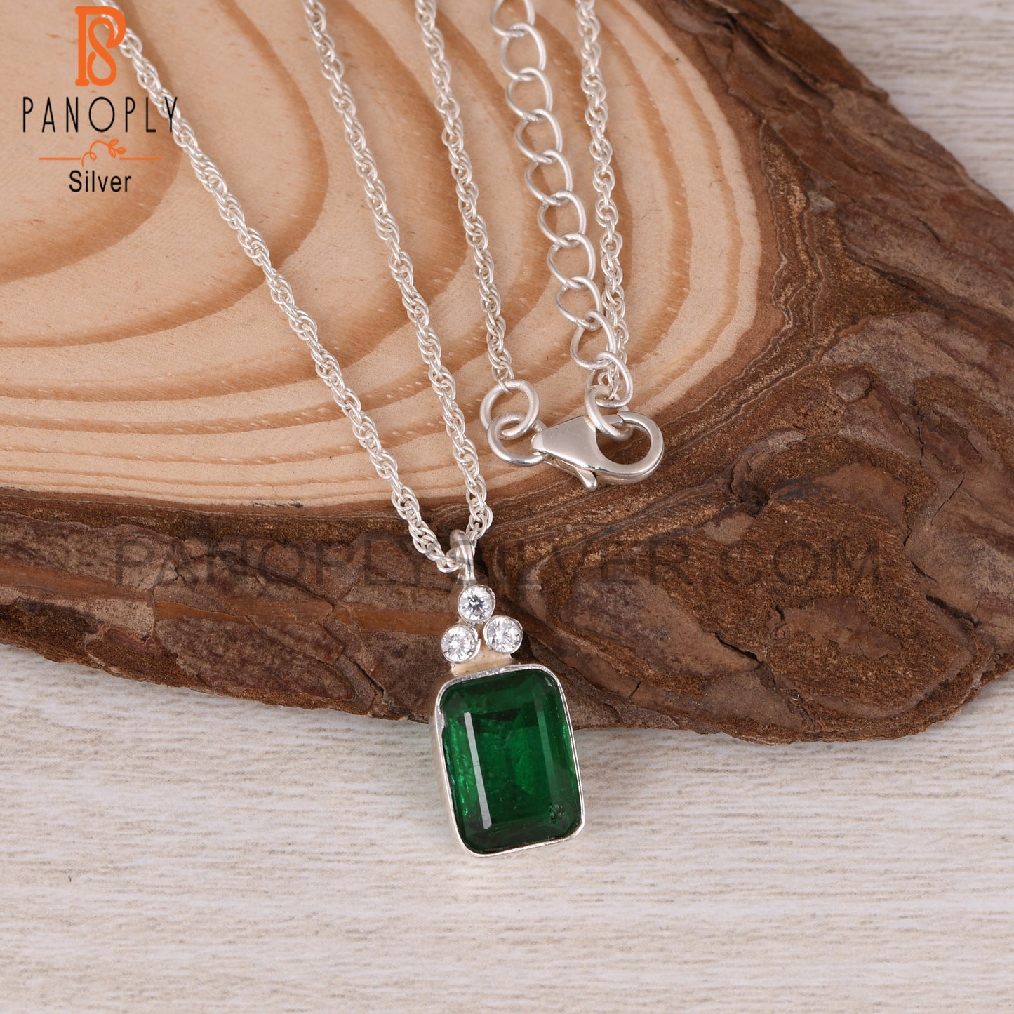 Zambian Emerald & Cubic Zirconia 925 Sterling Silver Pendant