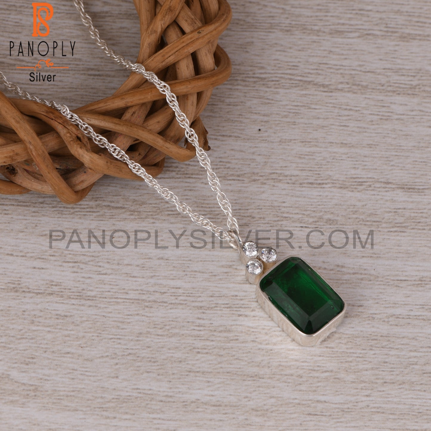 Zambian Emerald & Cubic Zirconia 925 Sterling Silver Pendant