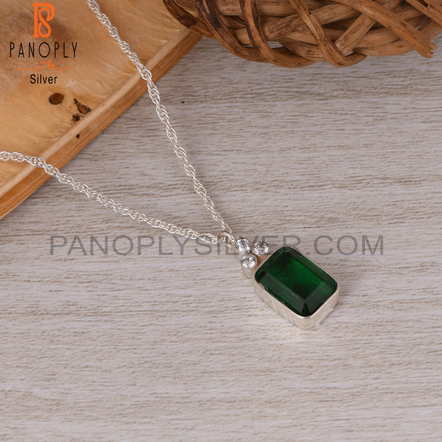 Zambian Emerald & Cubic Zirconia 925 Sterling Silver Pendant