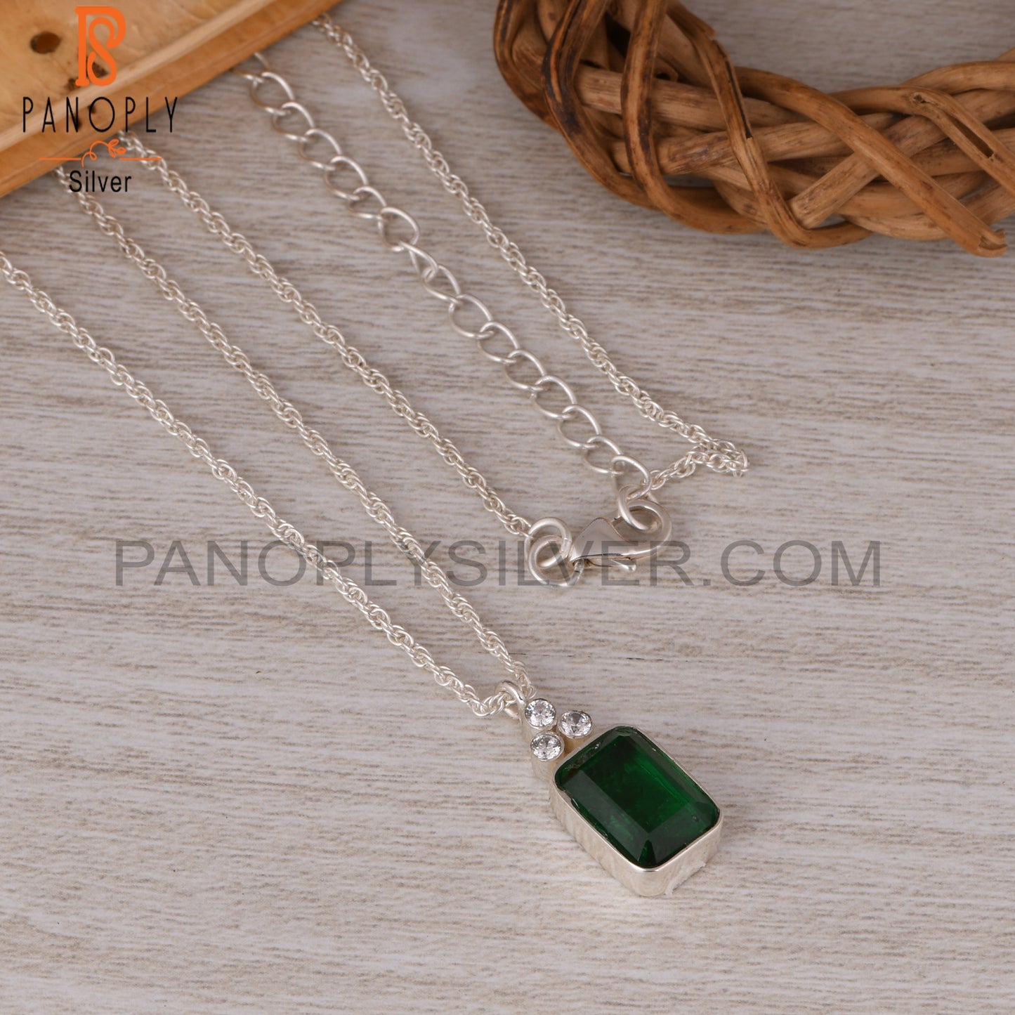 Zambian Emerald & Cubic Zirconia 925 Sterling Silver Pendant