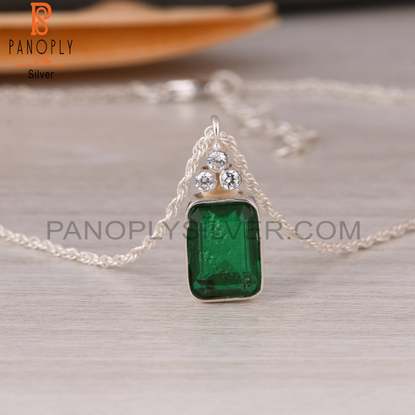 Zambian Emerald & Cubic Zirconia 925 Sterling Silver Pendant