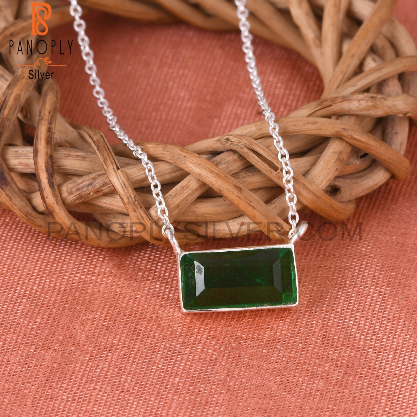 Doublet Zambian Emerald Quartz Baguette 925 Silver Pendant