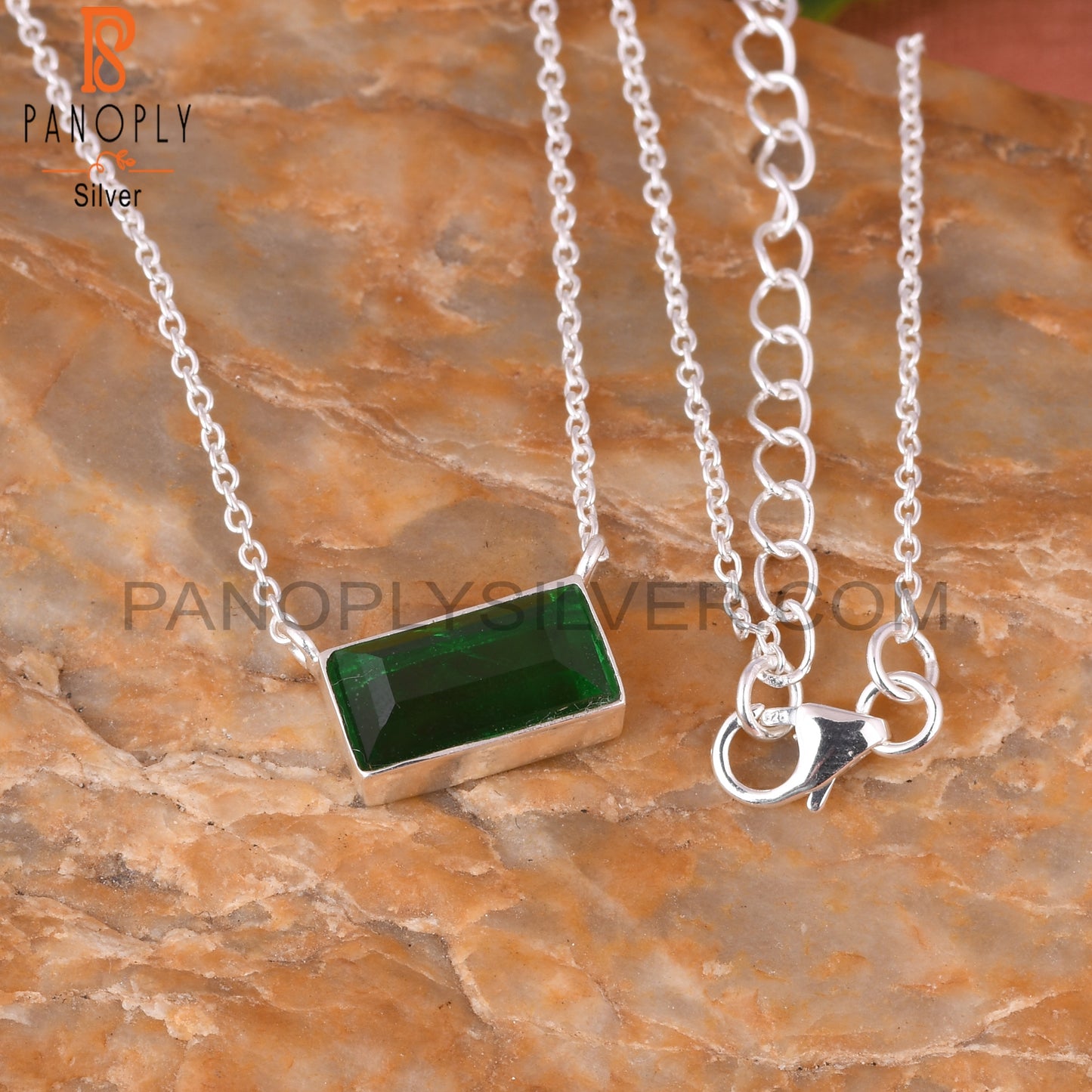 Doublet Zambian Emerald Quartz Baguette 925 Silver Pendant