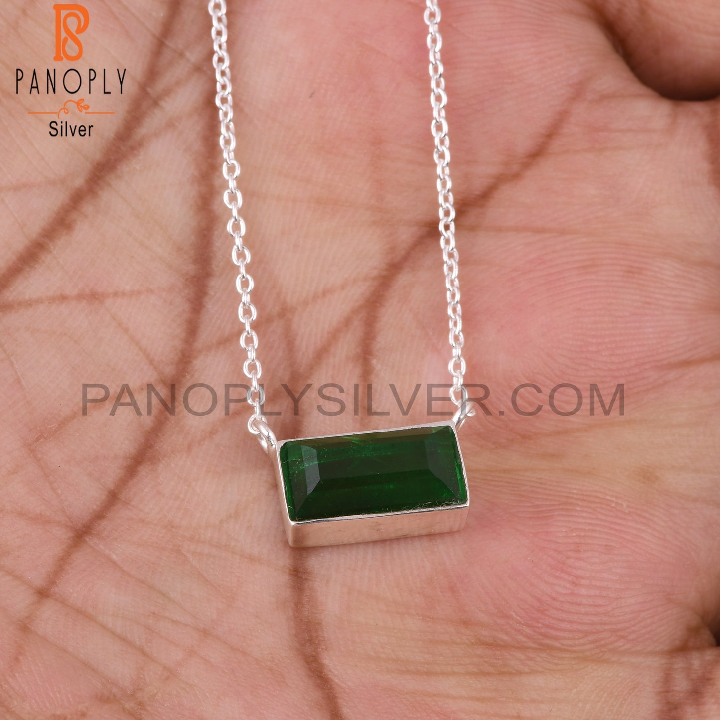 Doublet Zambian Emerald Quartz Baguette 925 Silver Pendant