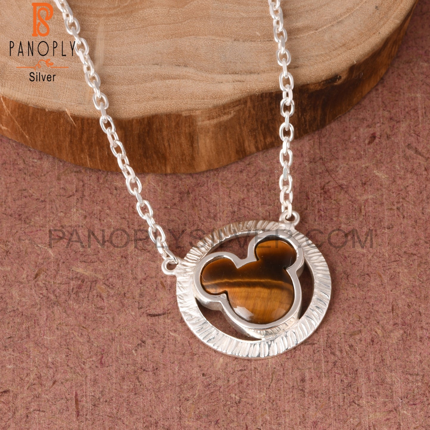 Tiger Eye Yellow Mickey Mouse in Circle 925 Silver Pendant