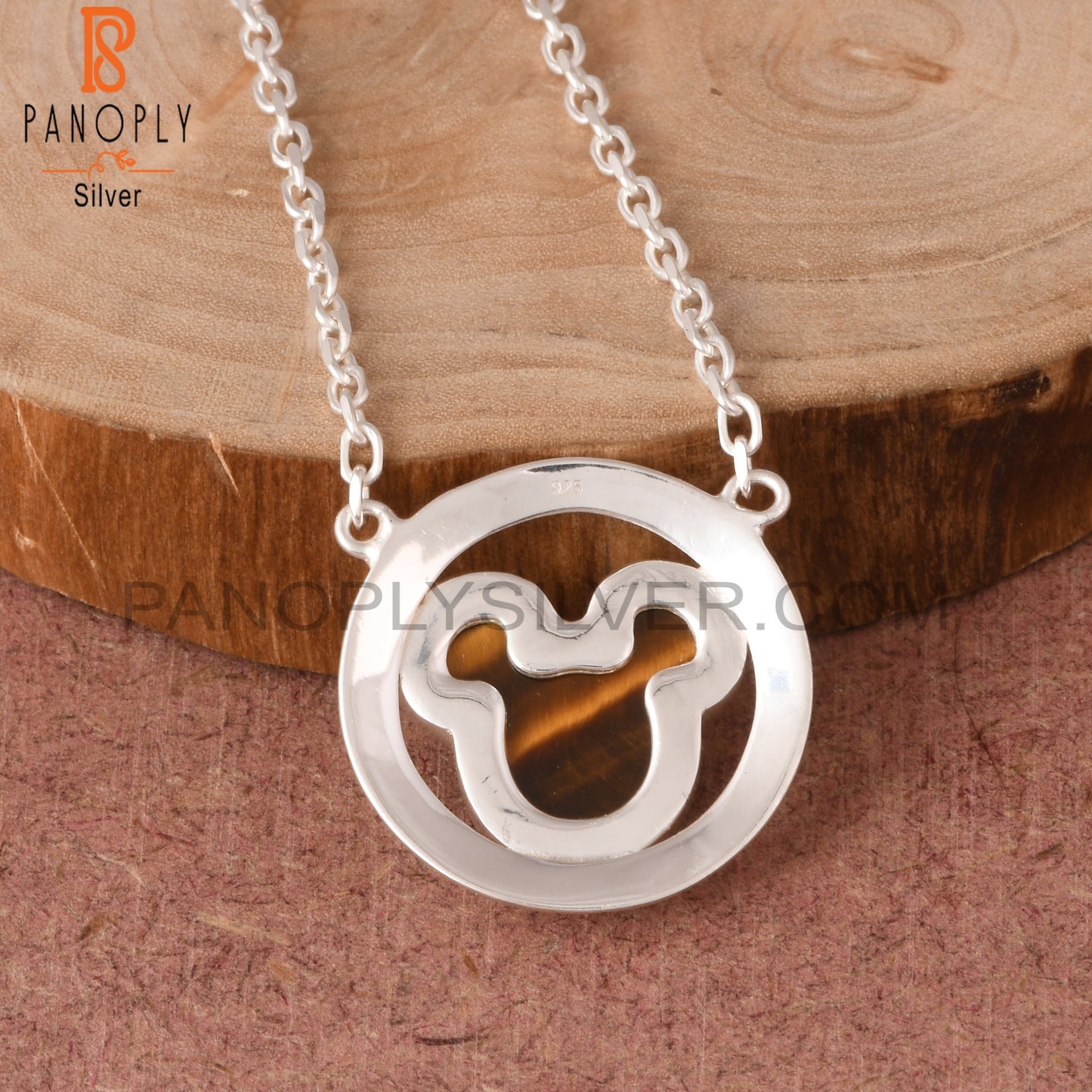 Tiger Eye Yellow Mickey Mouse in Circle 925 Silver Pendant