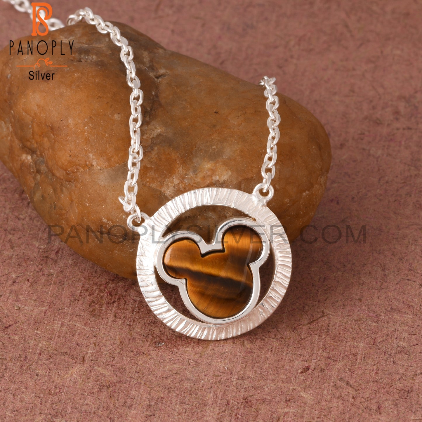 Tiger Eye Yellow Mickey Mouse in Circle 925 Silver Pendant
