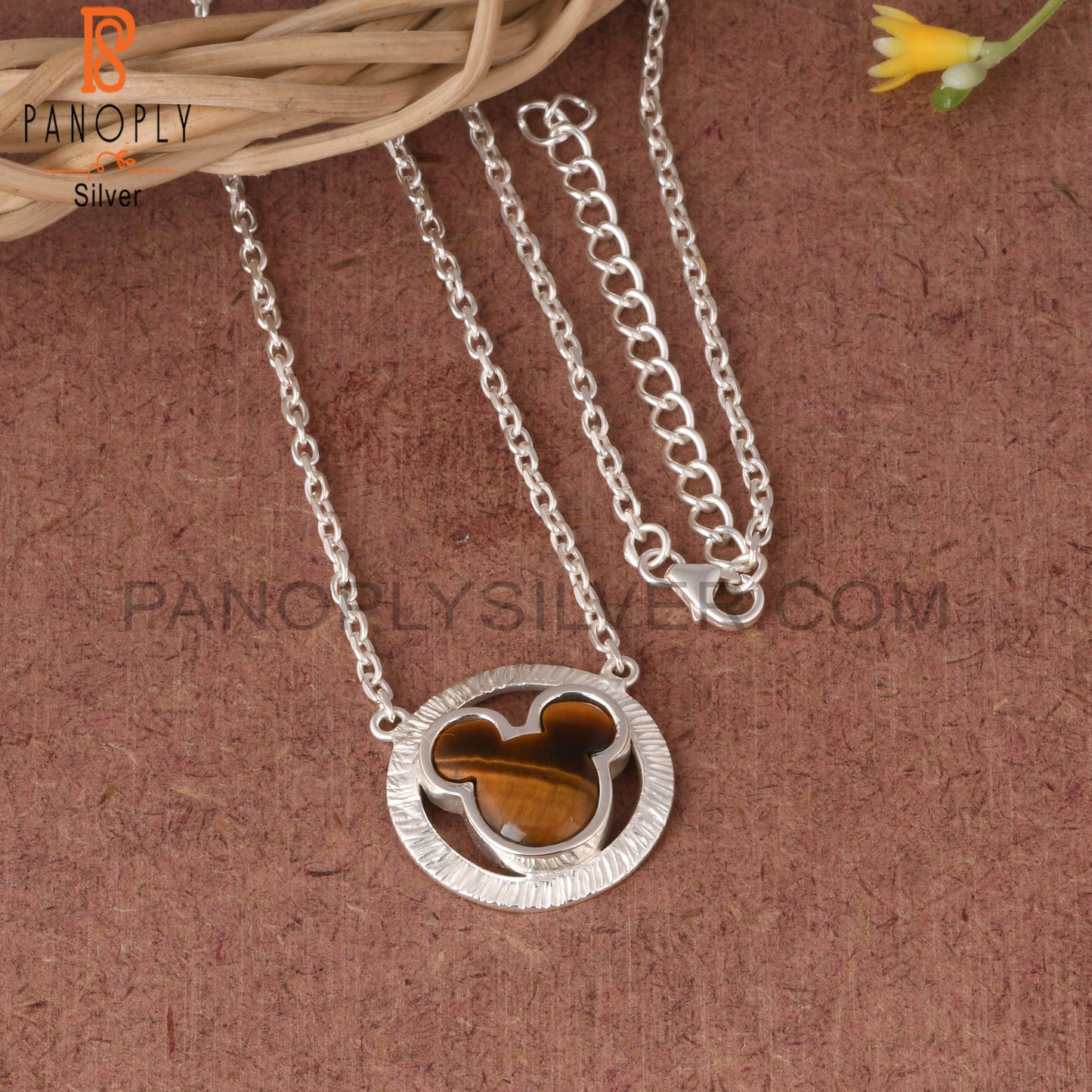 Tiger Eye Yellow Mickey Mouse in Circle 925 Silver Pendant