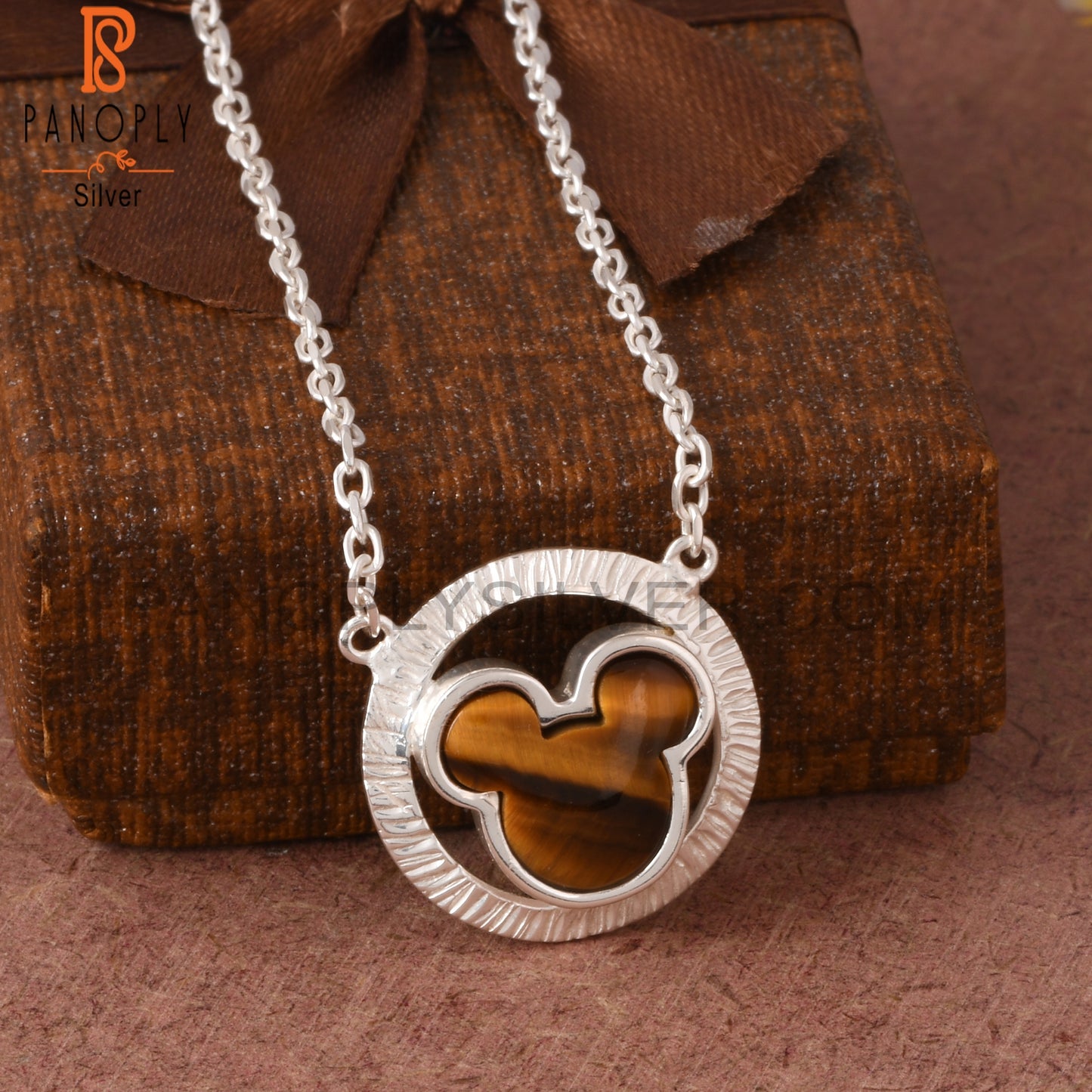 Tiger Eye Yellow Mickey Mouse in Circle 925 Silver Pendant