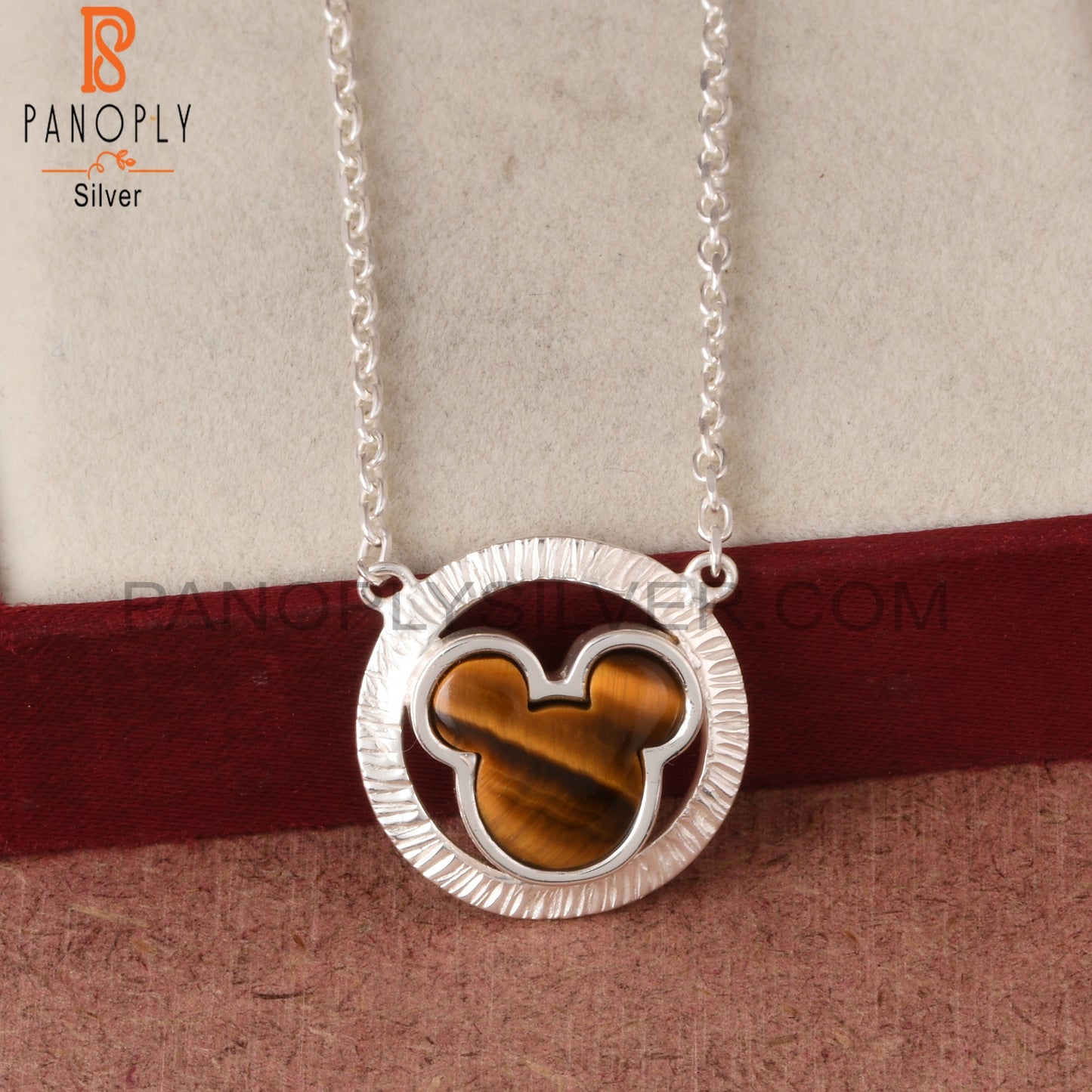 Tiger Eye Yellow Mickey Mouse in Circle 925 Silver Pendant