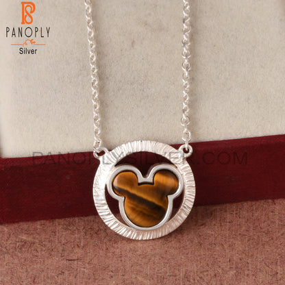 Tiger Eye Yellow Mickey Mouse in Circle 925 Silver Pendant