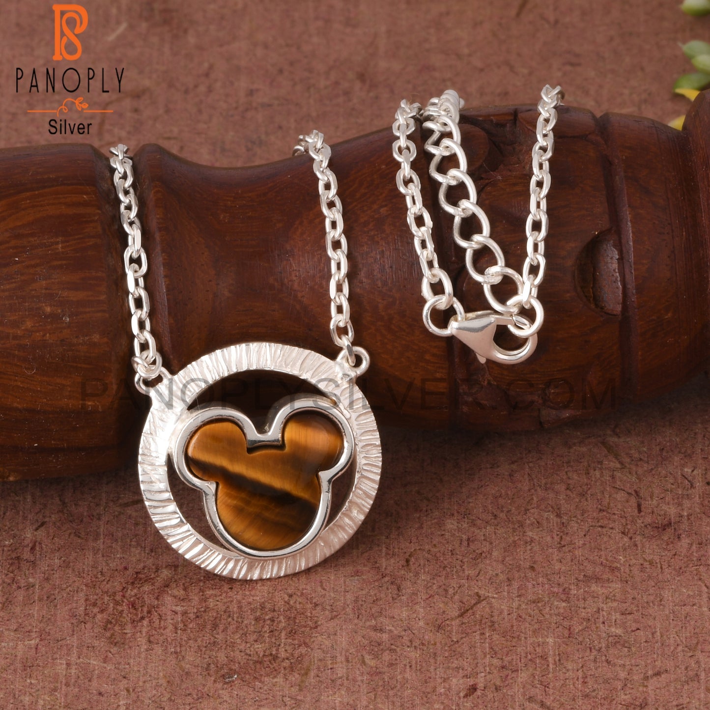 Tiger Eye Yellow Mickey Mouse in Circle 925 Silver Pendant