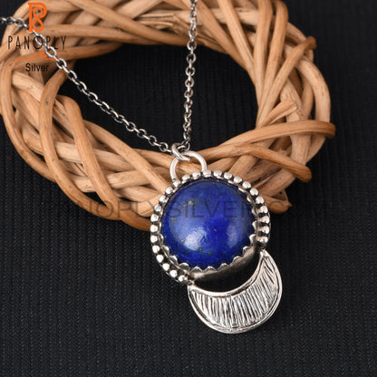 Lapis Round Shape 925 Sterling Silver Pendant With Chain