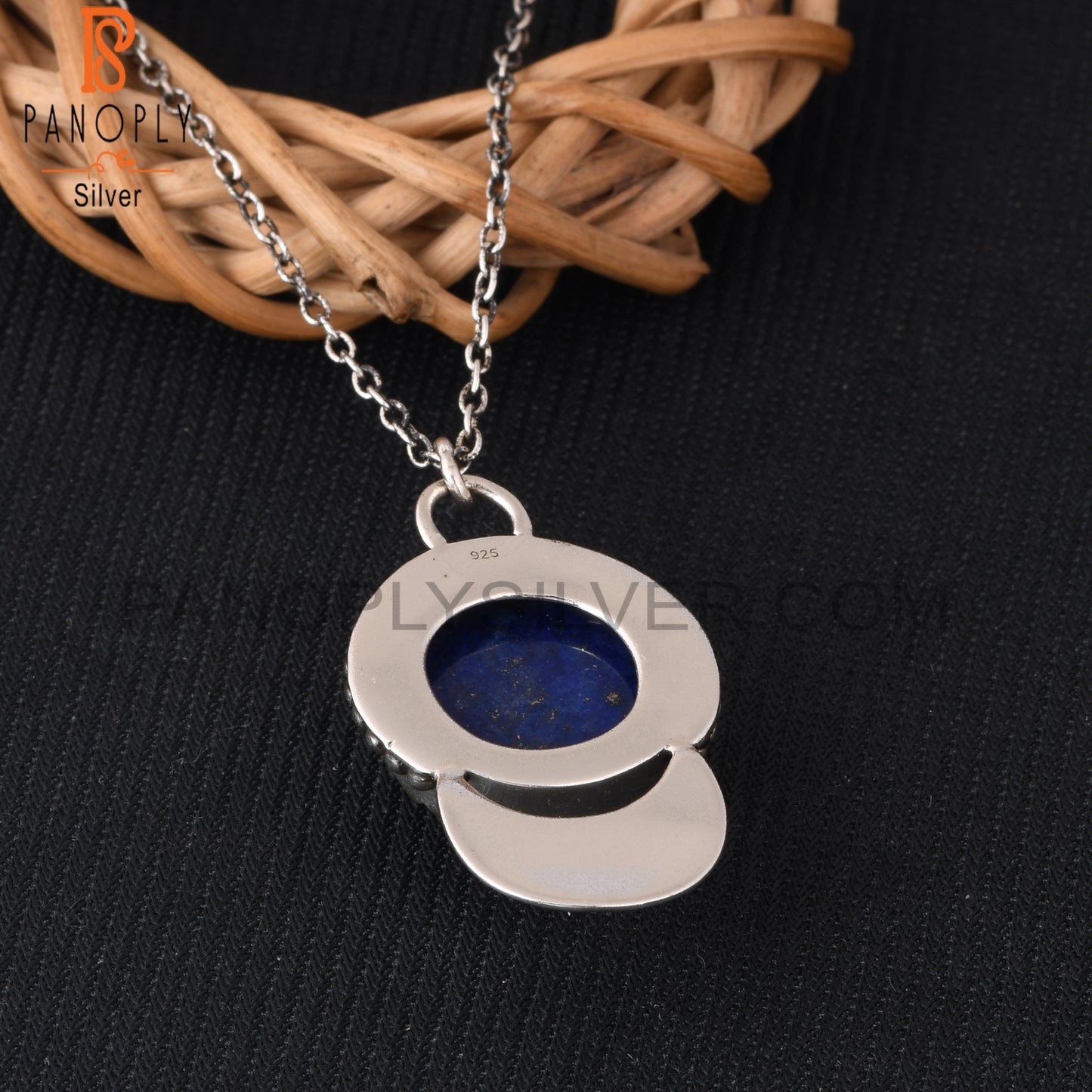 Lapis Round Shape 925 Sterling Silver Pendant With Chain