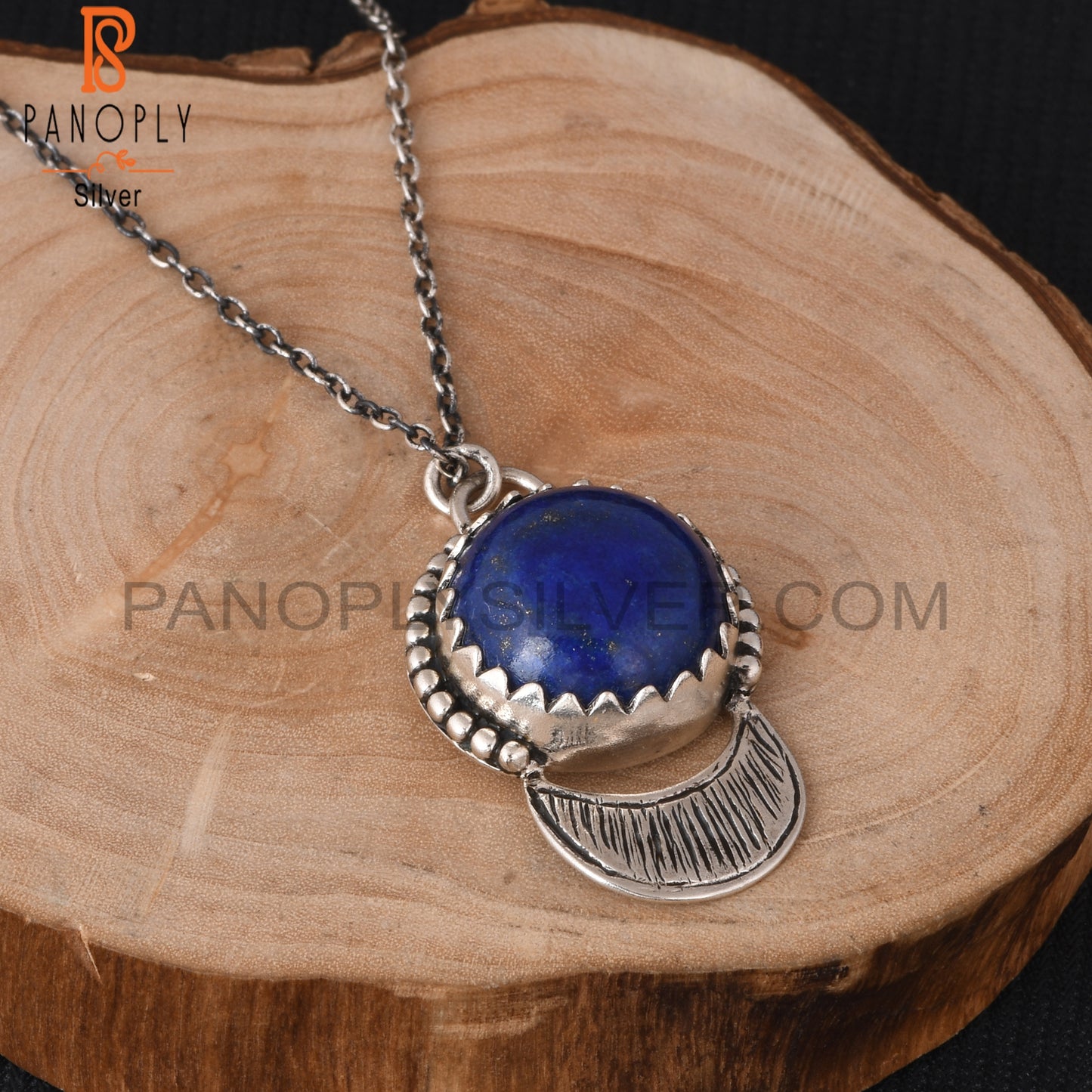 Lapis Round Shape 925 Sterling Silver Pendant With Chain