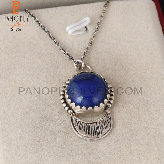 Lapis Round Shape 925 Sterling Silver Pendant With Chain