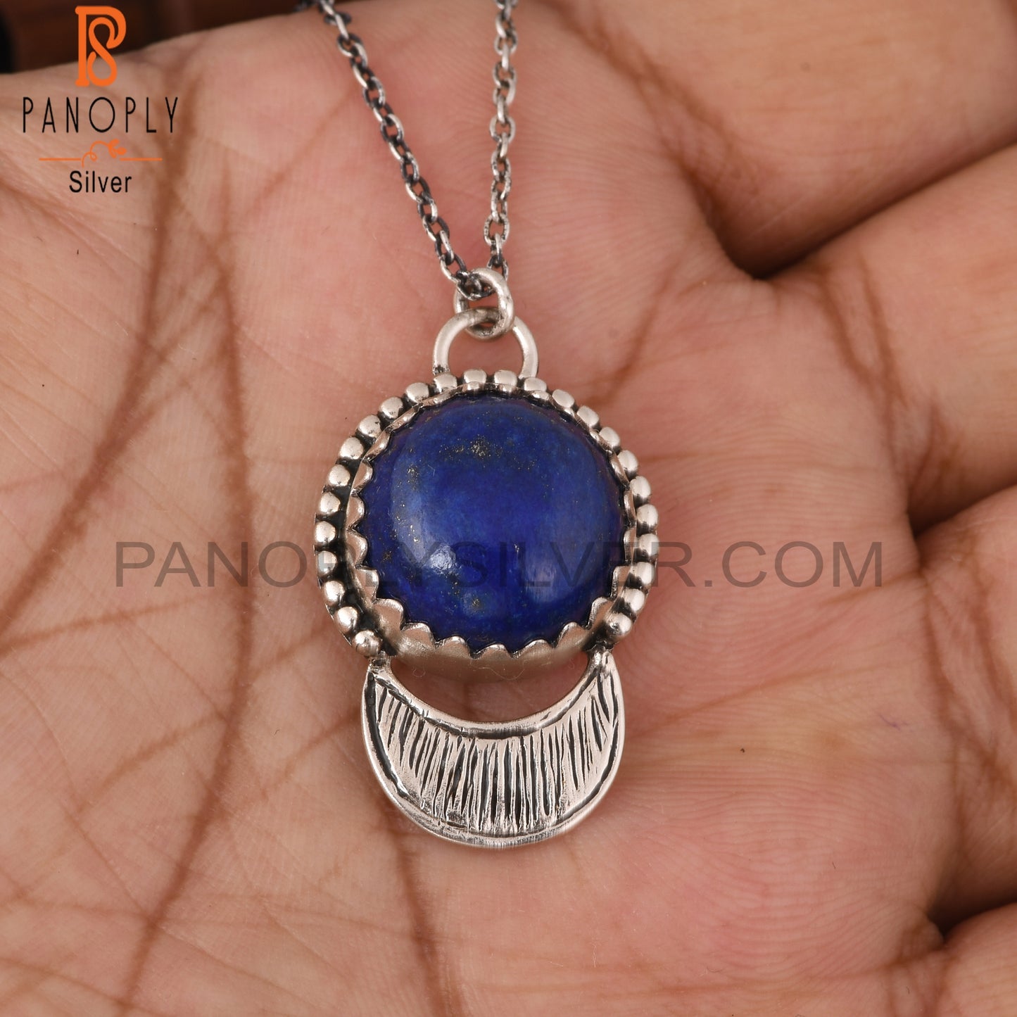 Lapis Round Shape 925 Sterling Silver Pendant With Chain