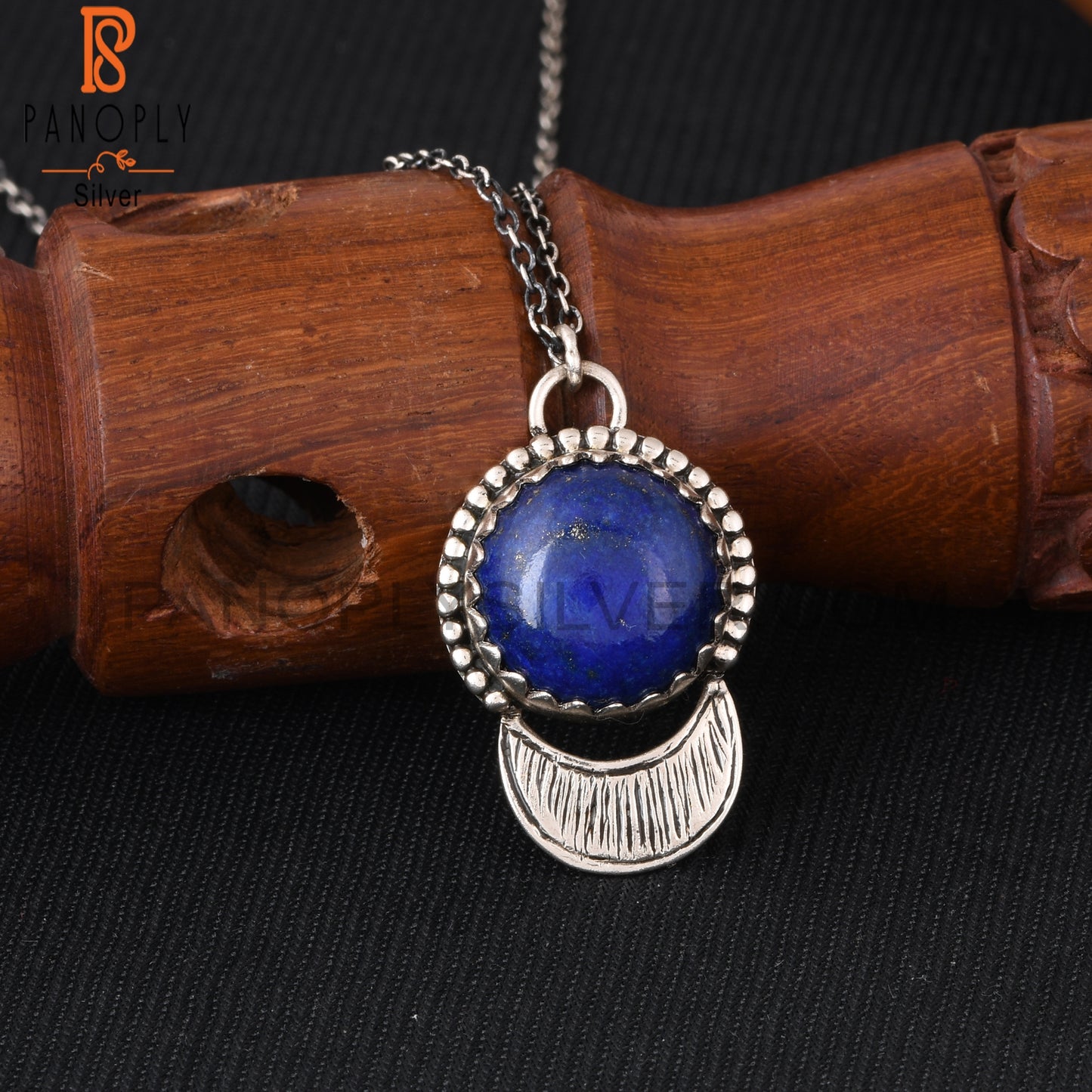 Lapis Round Shape 925 Sterling Silver Pendant With Chain