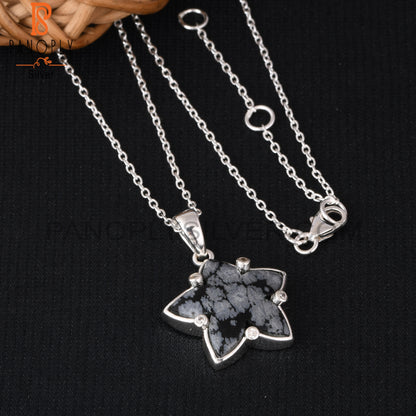 Snowflake Obsidian & Cubic Zirconia 925 Silver Pendant