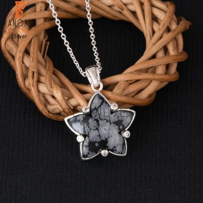 Snowflake Obsidian & Cubic Zirconia 925 Silver Pendant