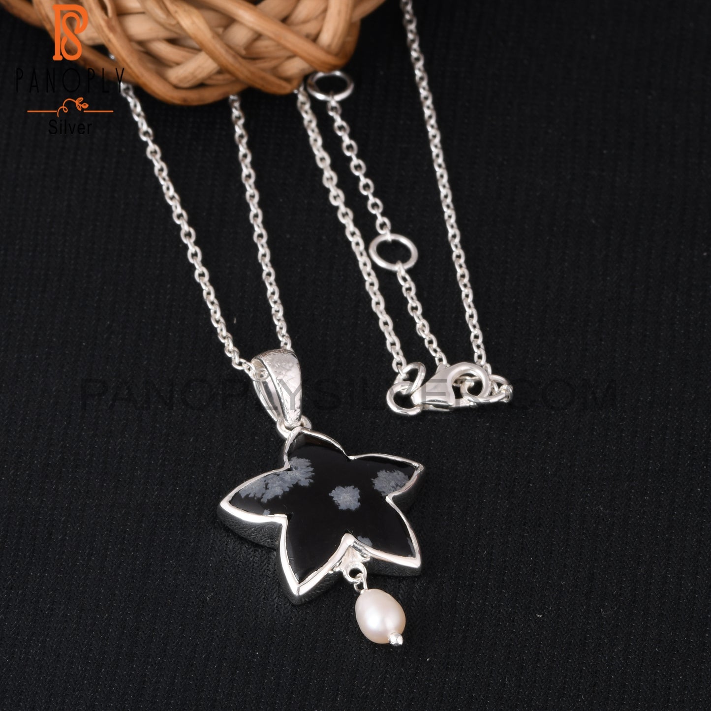 Snowflake Obsidian, Pearl 925 Silver Neckalces Pendant