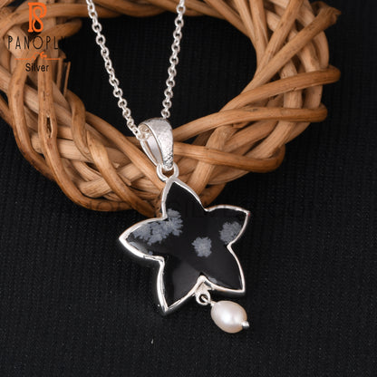 Snowflake Obsidian, Pearl 925 Silver Neckalces Pendant