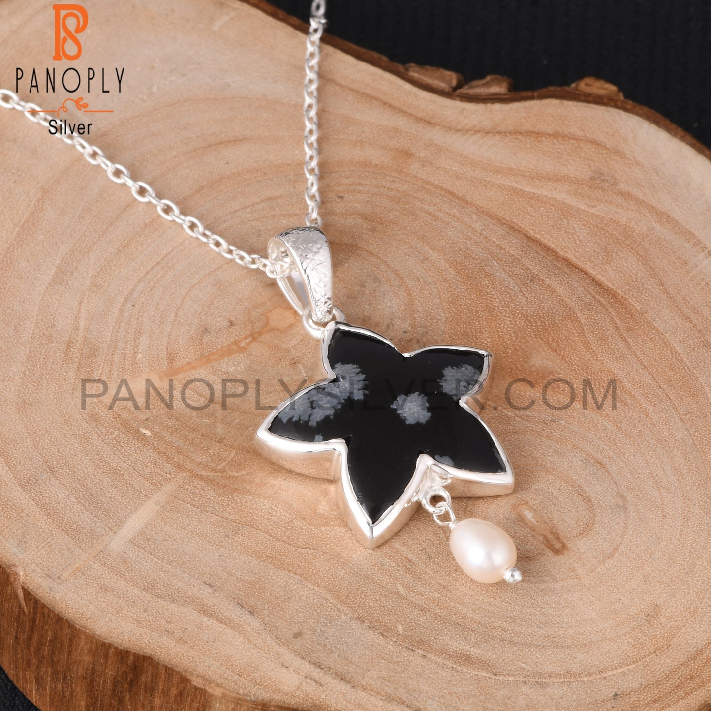 Snowflake Obsidian, Pearl 925 Silver Neckalces Pendant