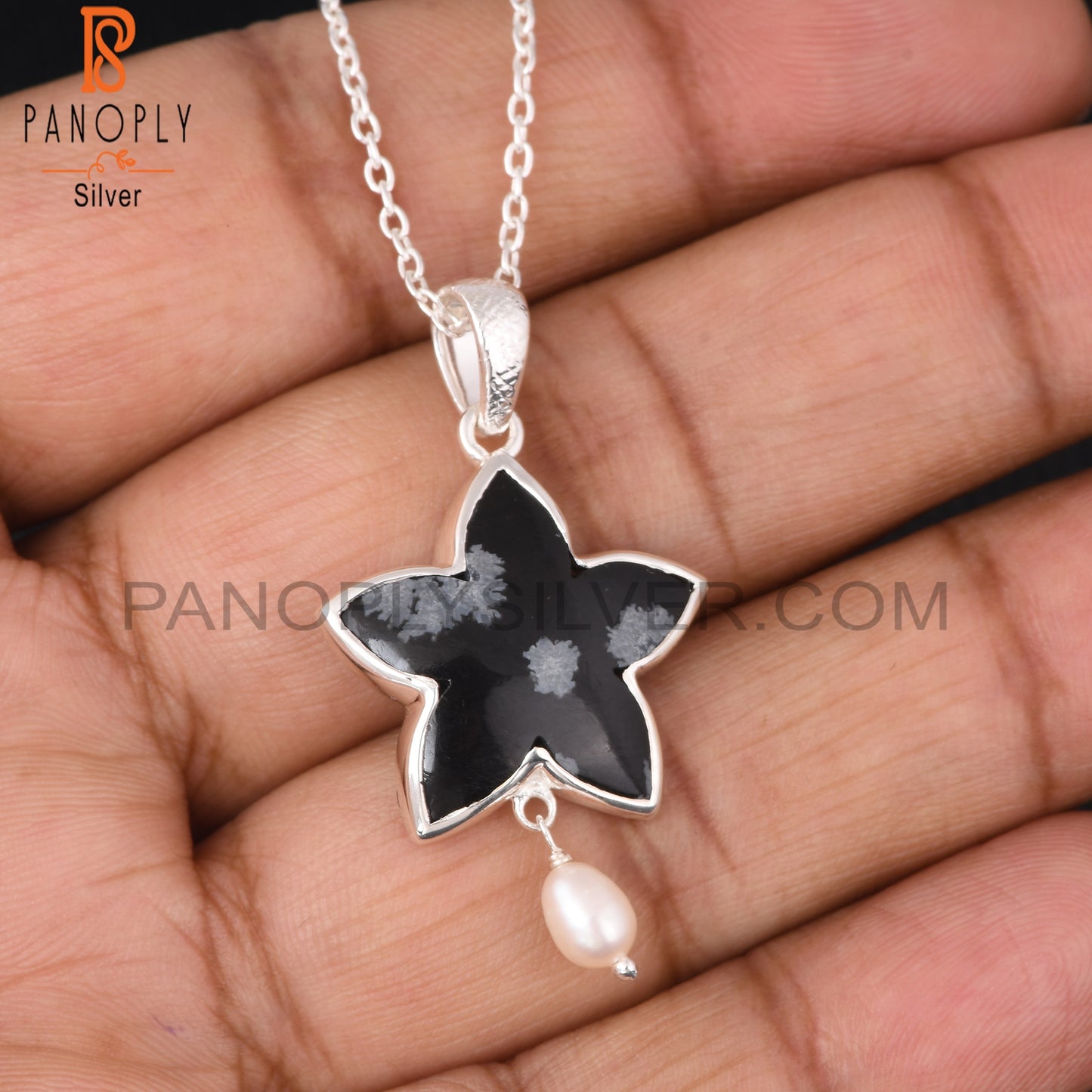 Snowflake Obsidian, Pearl 925 Silver Neckalces Pendant