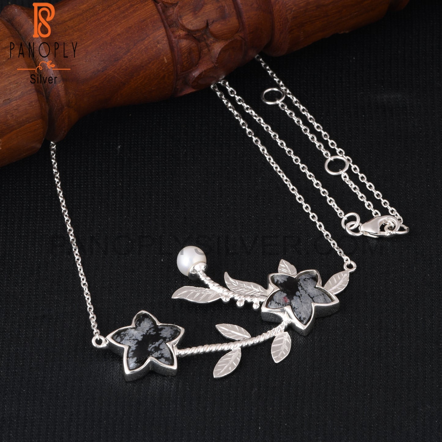Snowflake Obsidian & Pearl 925 Silver Leaf Pendant Chain