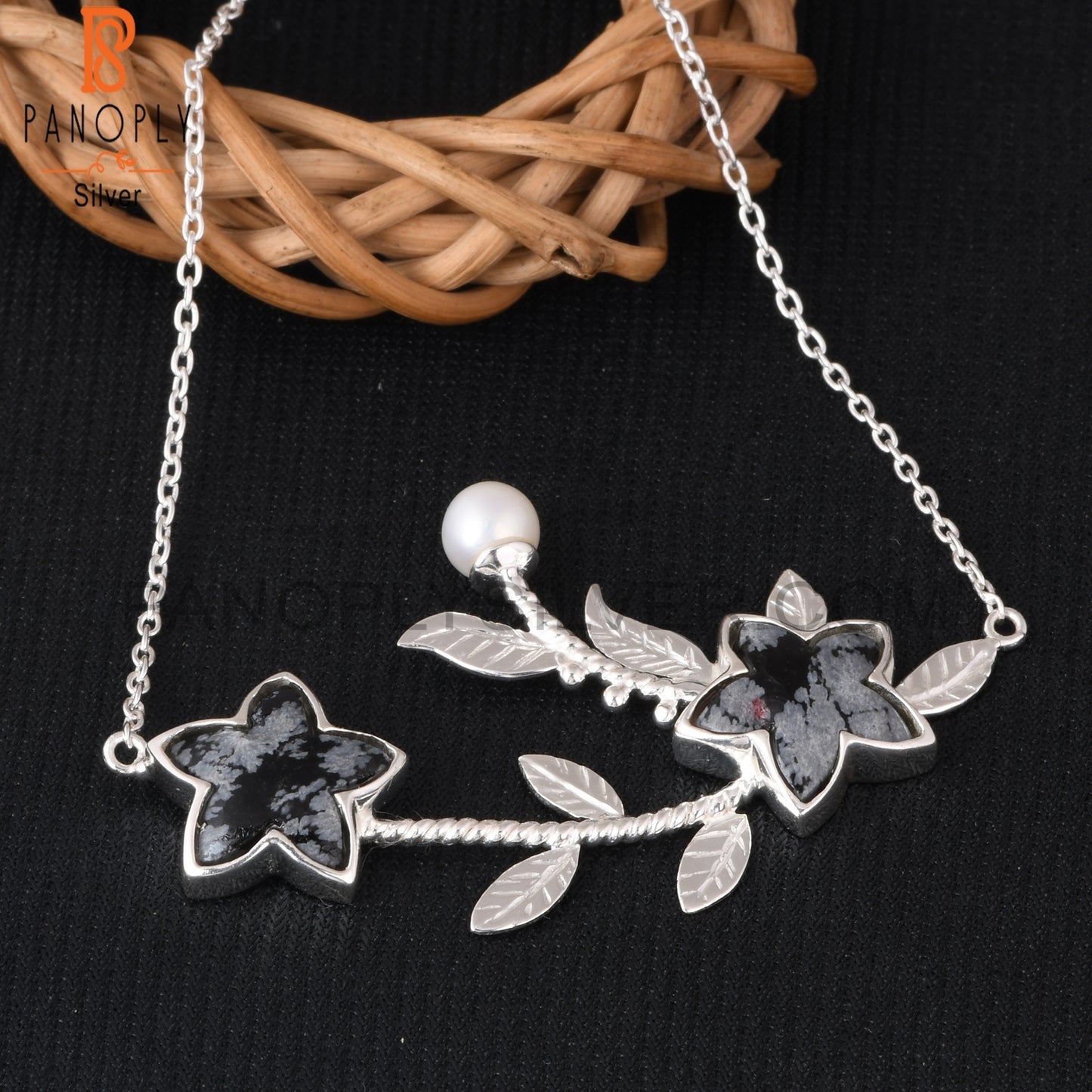 Snowflake Obsidian & Pearl 925 Silver Leaf Pendant Chain