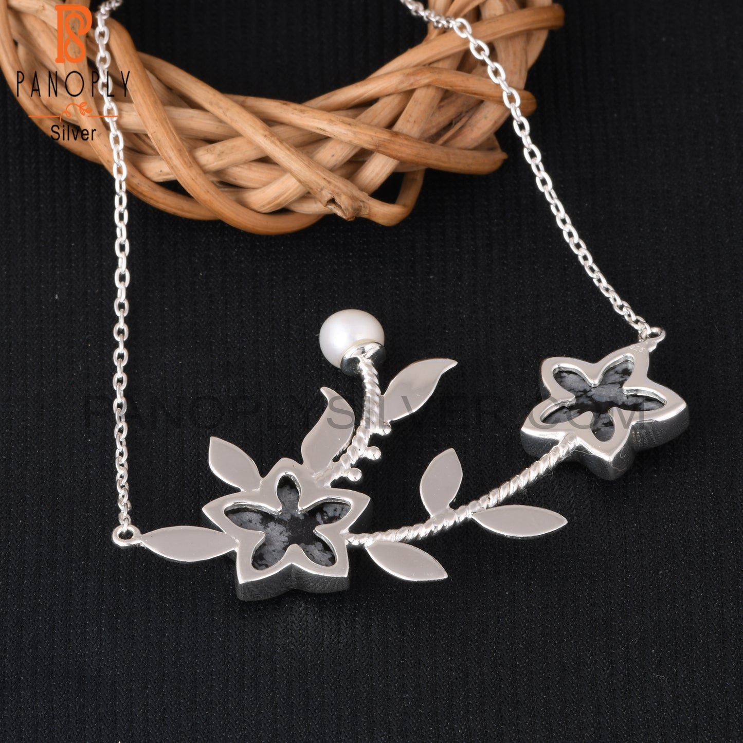 Snowflake Obsidian & Pearl 925 Silver Leaf Pendant Chain
