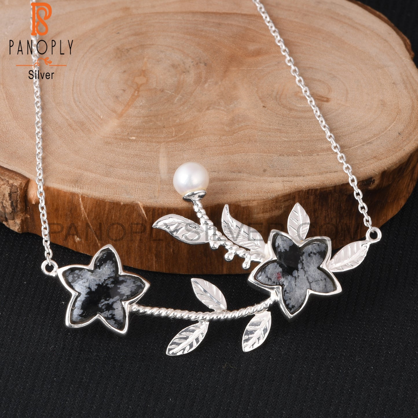 Snowflake Obsidian & Pearl 925 Silver Leaf Pendant Chain