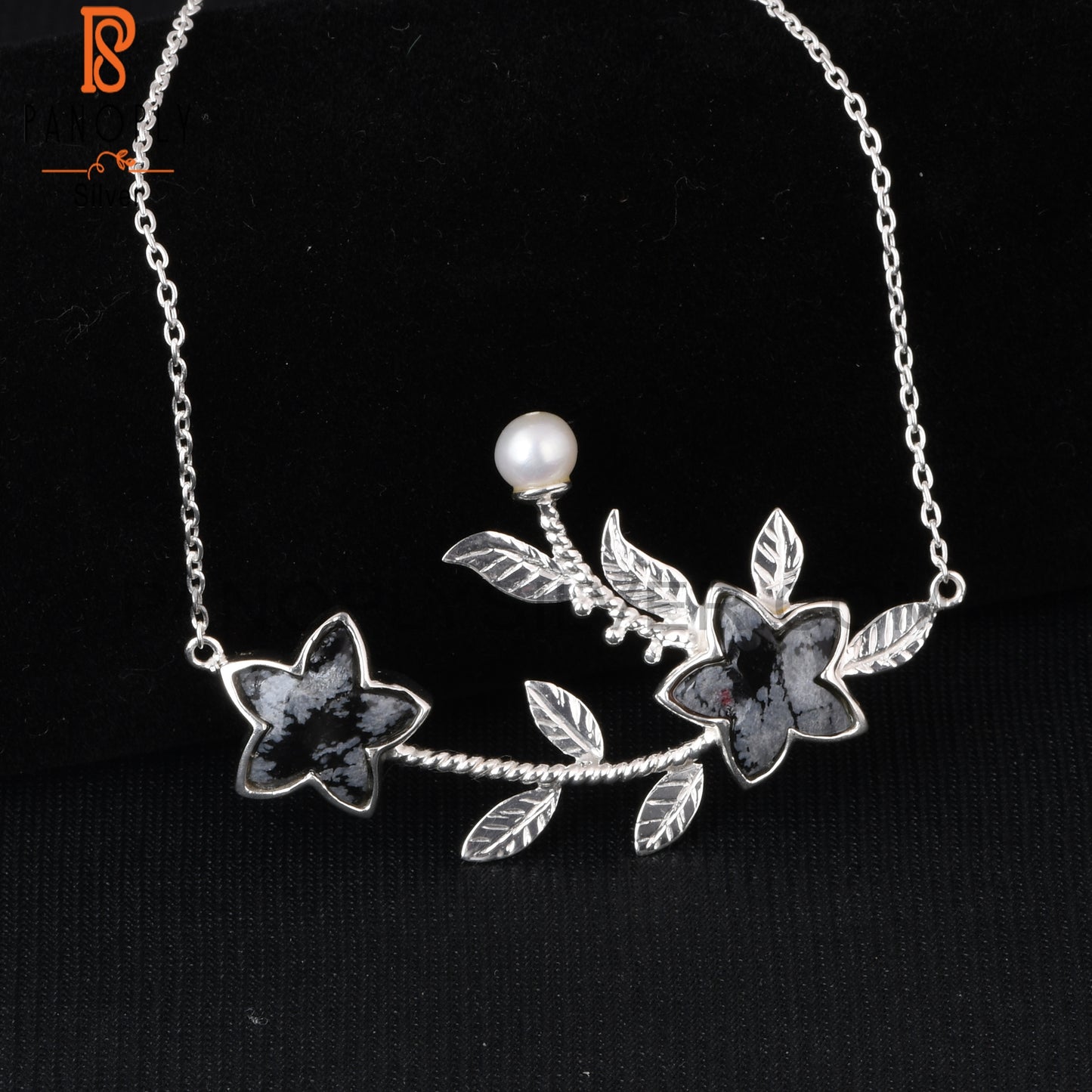 Snowflake Obsidian & Pearl 925 Silver Leaf Pendant Chain
