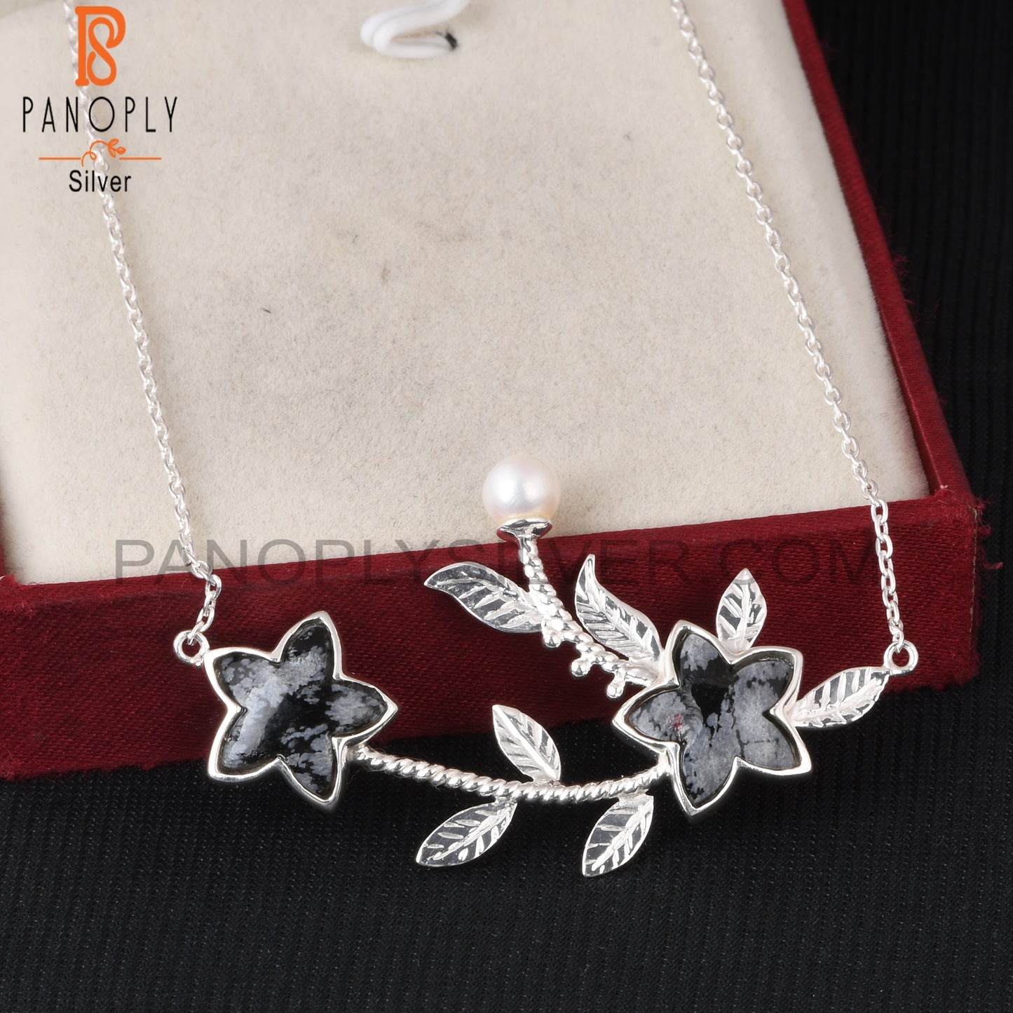 Snowflake Obsidian & Pearl 925 Silver Leaf Pendant Chain