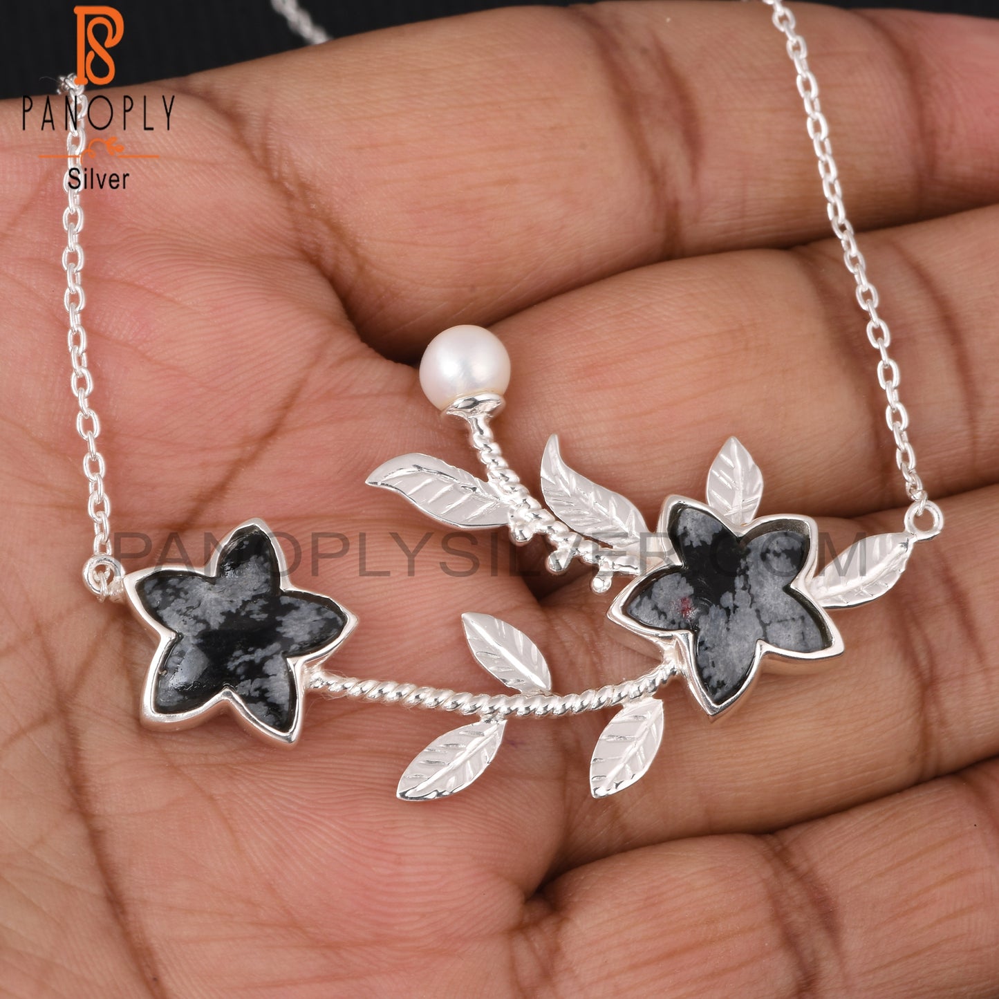Snowflake Obsidian & Pearl 925 Silver Leaf Pendant Chain
