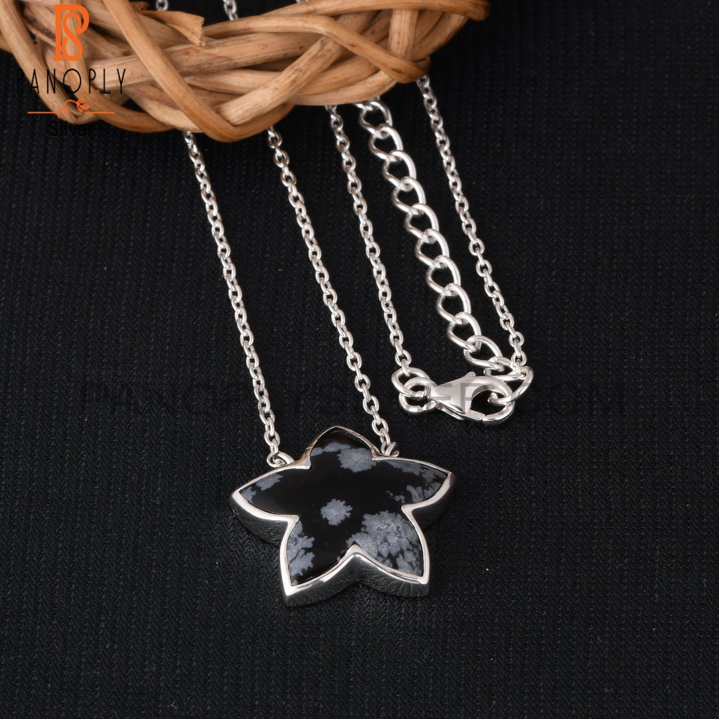 Snowflake Obsidian 925 Silver Moonflower Pendant Chain